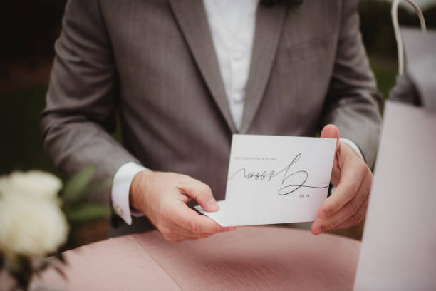 istock Groom reading a card on his wedding day 1460368469