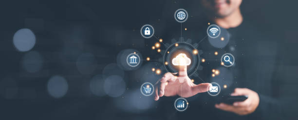 istock businessman touch on virtual Global Internet connection clouds. Business global internet connection application technology and digital marketing, Financial and banking, Digital link tech, big data. 1460369999