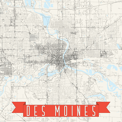 Topographic / Road map of Des Moine, Iowa, USA. Map data is public domain via census.gov. All maps are layered and easy to edit. Roads are editable stroke.
