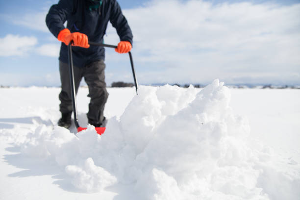 un homme pellete la neige après une tempête de neige - niiagata photos et images de collection