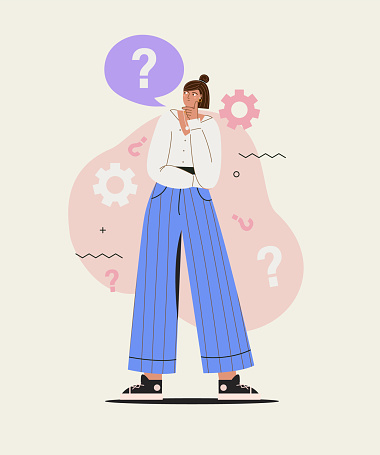 Young woman thinks question. Girl with speech bubble and choice question. Doubt of her choice. Template of thinking person. Problem solving concept. Brainstorm for business. Vector illustration.
