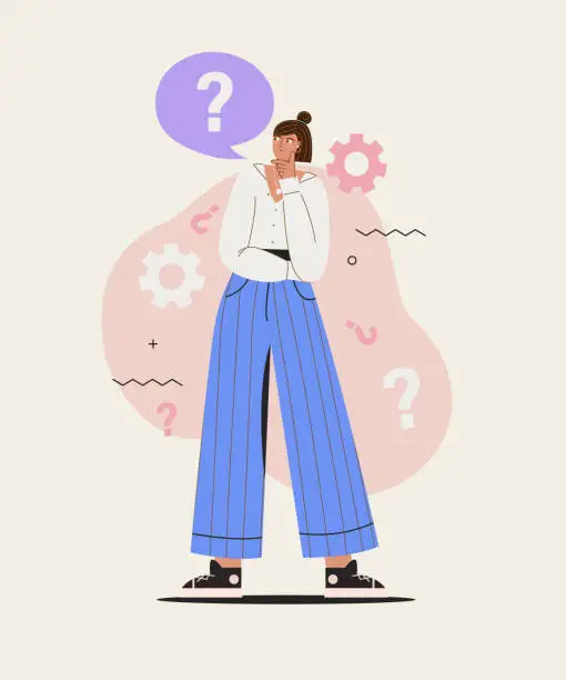 Vector illustration of Young woman thinks question.