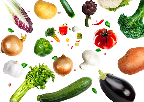 Top view of various vegan ingredients on white background disposed on a panoramic banner