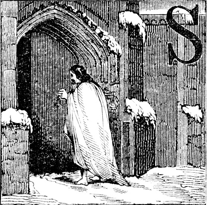 Capital letter S for Sanctuary. A barefoot homeless man during winter entering the sanctuary of a church. Woodcut engraving   published 1846. Original edition is from my own archives. Copyright has expired and is in Public Domain.