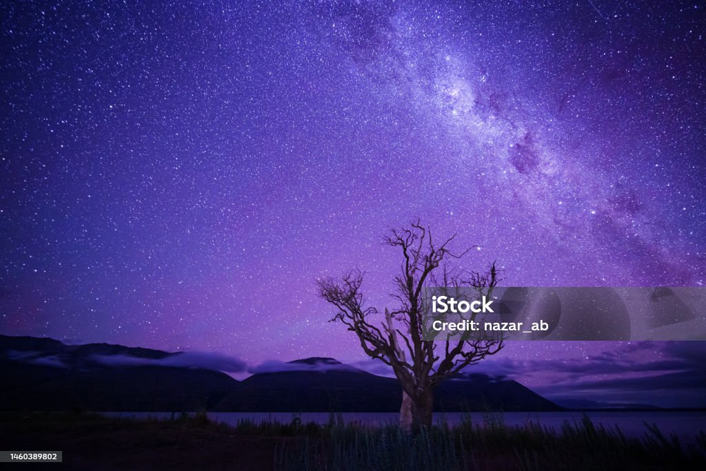Milky Way Galaxy at Lake Ohau. Night view of a stary night without mountain at Lake Ohau, South Island, New zealand. Purple Stock Photo