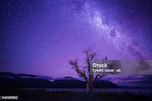 Milky Way Galaxy At Lake Ohau Stock Photo - Download Image Now - Purple, Backgrounds, Galaxy