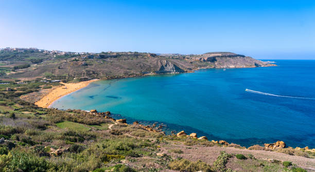 Ramla Bay on the north coast of Gozo, Malta taken from Tal-Mixta Cave stock photo