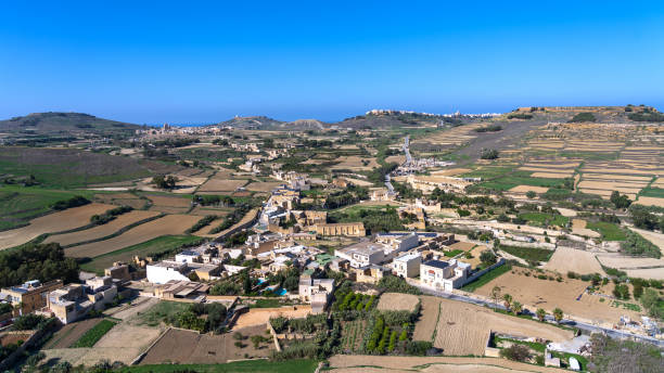 Looking over the north of Gozo island, Malta taken from the Cittadella in Victoria stock photo