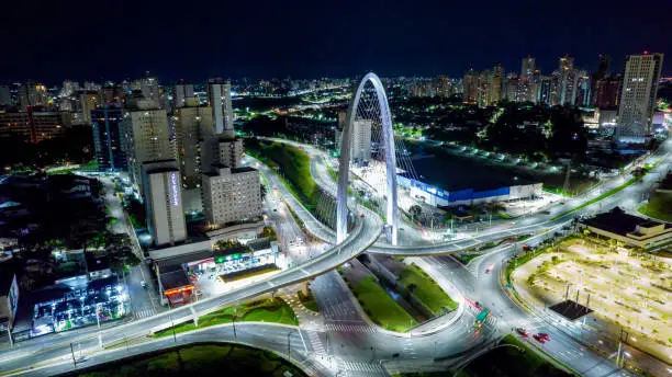 Night aerial view of the Arco da Inovacao in São José dos Campos, Brazil.