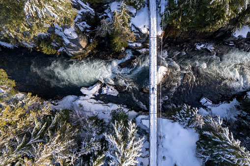 Drone view of winter activities in nature. Active lifestyle in winter. Winter environmental photos.