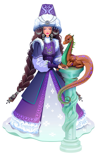 Kazakh girl snow maiden and chinese dragon symbol 2024 new year. Kazakhstan young woman in national winter clothes and silver jewelry. Vector cartoon illustration isolated on white