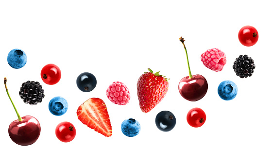 Collection of fresh berries isolated on white background. Strawberry, blueberry, cherry, raspberry, currant, blackberry