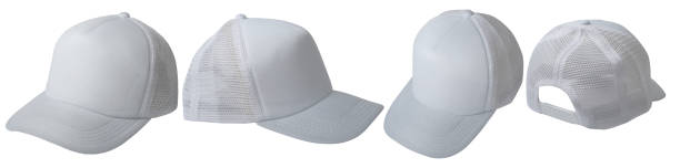 istock Set of white trucker cap hat mockup template collection, various angle isolated 1460401921
