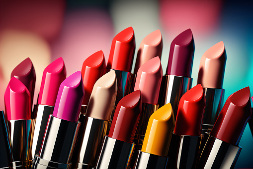 Bright lipstick of different colors shades of colored lipstick for lips. Professional makeup tool, blurred background