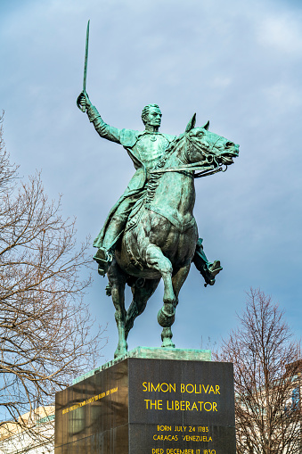Washington, D.C., USA - January 28, 2023: Statue of Simon Bolivar in downtown Washington DC on winter day.