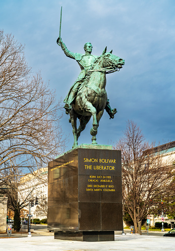 Washington, D.C., USA - January 28, 2023: Statue of Simon Bolivar in downtown Washington DC on winter day.