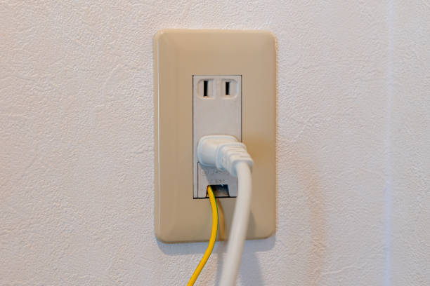 istock Power plug and earth wire connected to Japanese electrical outlet. 1460417862