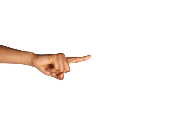 istock Pointing female hand isolated on white background 1460418357
