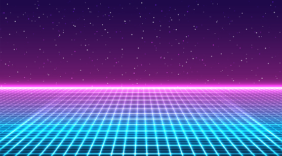 Retro futuristic neon grid background. Perspective grid