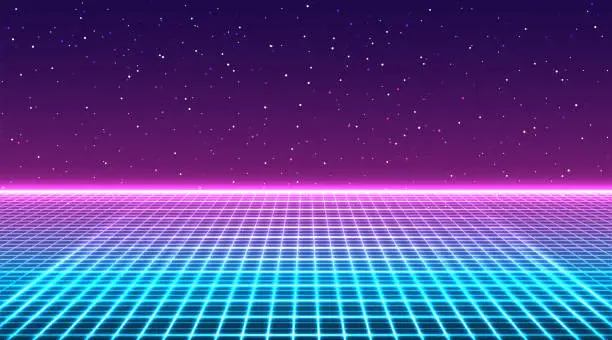 Vector illustration of Retro futuristic neon grid background. Perspective grid