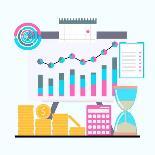 Vector illustration of Business process chart, time and money, goals and objectives