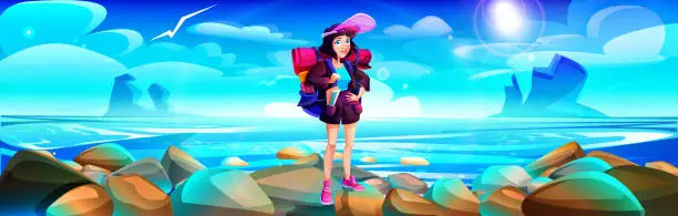 Vector illustration of The concept of tourism and exploration of wild places in cartoon style. Girl tourist on the river bank against the backdrop of a mountain landscape on a sunny day.