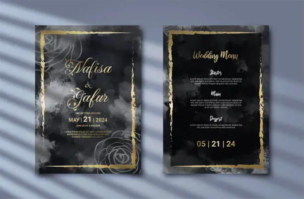 Vector illustration of Luxurious wedding invitation with gold floral decoration and abstract black background. Aesthetic invitation template with beautiful decoration