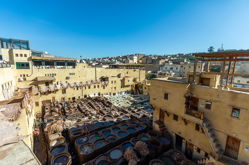 Chouwara Leather traditional tannery in ancient medina of Fes, Morocco