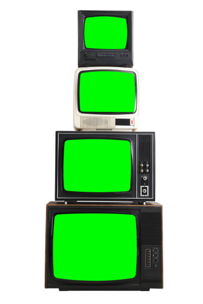 istock Four vintage green screen TVs on a white background. 1460431960