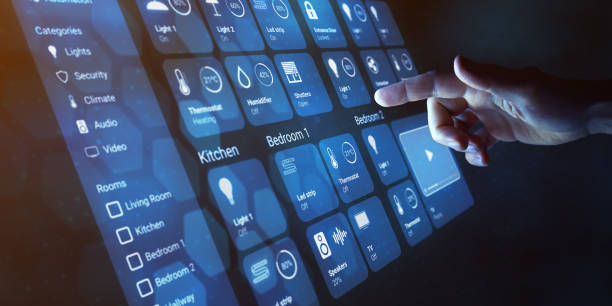 istock Smart home dashboard to control smart devices and set up home automation technology. Assistant for connected devices, smart lock, lights, thermostat. Finger touching button on virtual interface. 1460431965