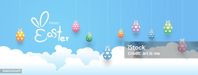 istock Happy Easter hand lettering with with Easter eggs, paper art style, Vector illustration 1460434409