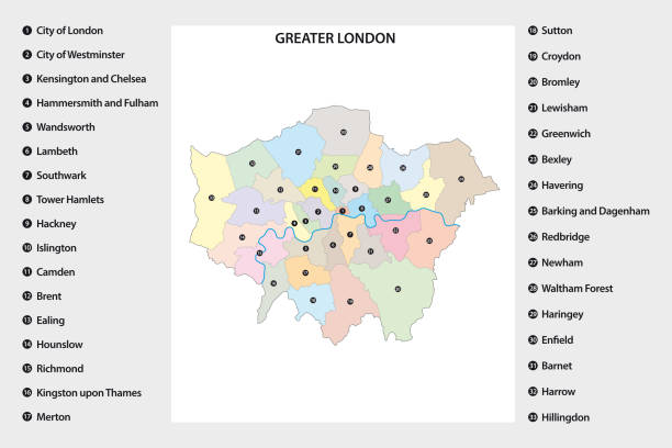 ilustrações, clipart, desenhos animados e ícones de mapa administrativo da região da grande londres, reino unido - greater london illustrations