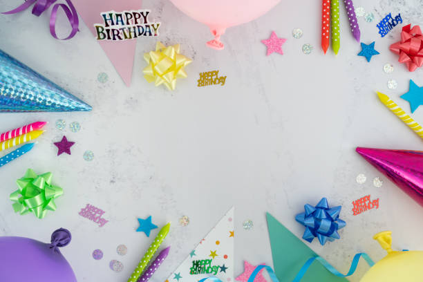 istock Birthday party composition. Colorful decorations flat lay with copy space. 1460437561