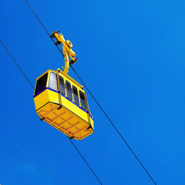 istock Yellow Cable car and Blue Sky Background. Sunny Weather, Clean Sky No Clouds. Square Image Background Web Banner Wallpaper 1460441269