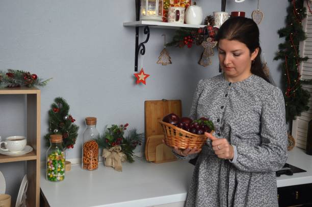 housewife girl answer in kitchen interior