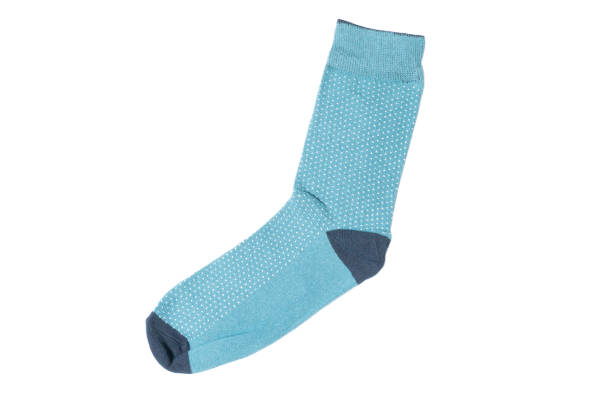 One sock with different lines isolated on white background. Colorful sock son white background. Colored socks on the leg isolated on white background
