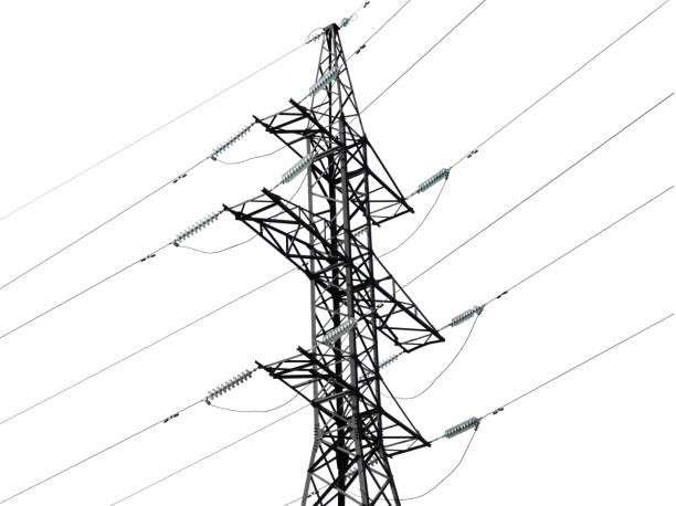 istock Power line isolated on white background. High-voltage power transmission tower with wires. High voltage line isolated. Energy industry. Energy transfer over blue sky. Energy industry. 1460444240