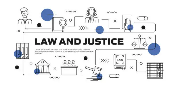 Vector illustration of Law And Justice vector infographic. The design is editable and the color can be changed. Vector set of creativity icons: Courtroom , Law , Judge , Crime , Witness , Jury , Investigation