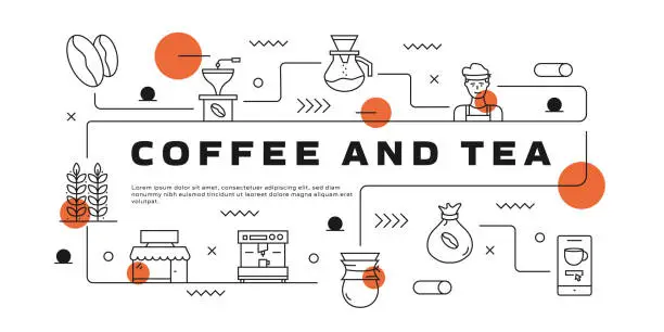 Vector illustration of Coffee And Tea vector infographic. The design is editable and the color can be changed. Vector set of creativity icons: Coffee Tree , Coffee Bean , Latte , Moka Pot , Coffeemaker , French Press