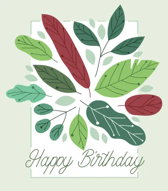 Vector illustration of Greeting card with fresh green leaves vector flat drawing, floral design composition mockup layout, invitation or anniversary theme, congratulations poster.