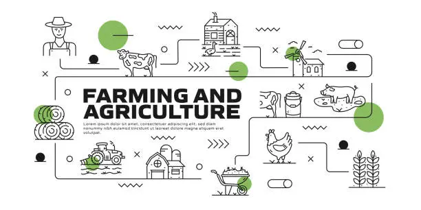 Vector illustration of Farming And Agriculture  vector infographic. The design is editable and the color can be changed. Vector set of creativity icons: Farmer , Barn , Livestock , Tractor , Hay Bale , Farmland , Egg , Flour