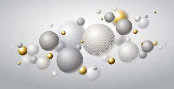 Vector illustration of Realistic dotted spheres vector illustration, abstract background with beautiful balls with dots and depth of field effect, 3D globes design concept art.