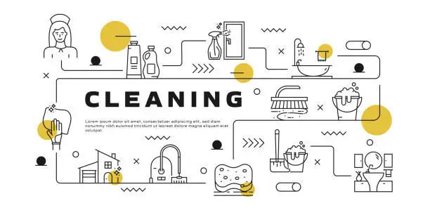 Vector illustration of Cleaning vector infographic. The design is editable and the color can be changed. Vector set of creativity icons: Cleaner , Bucket , Wipe , Cleaning Supplies , Washing , Rubber Glove
