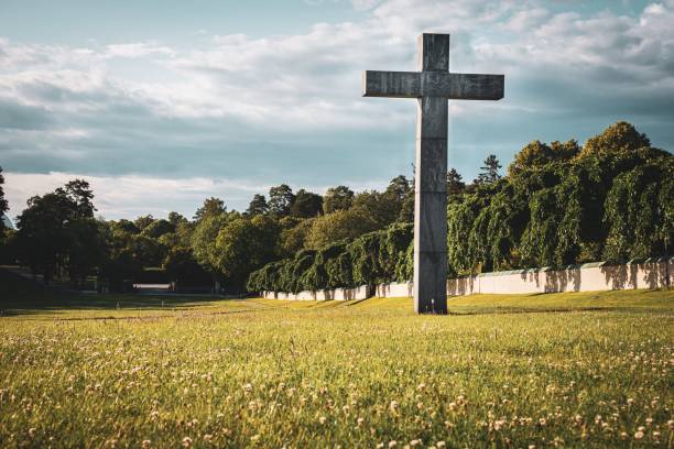 istock Cross in a field against a cloudy sky surrounded by green vegetation 1460446781