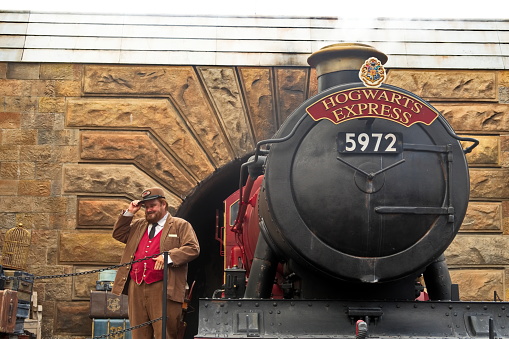 Orlando, United States – June 04, 2021: A scenic view of the Hogwarts Express railway in Universal Orlando, USA