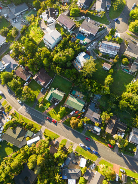 aerial view of suburban houses in a country town. - nobody aerial view landscape rural scene imagens e fotografias de stock