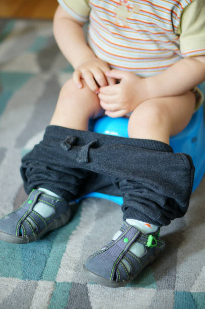 istock Young boy sitting on a potty put on a carpeted floor 1460448643