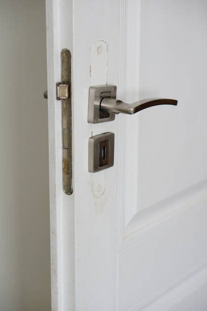 istock Closeup shot of a silver handle on a white door 1460448786