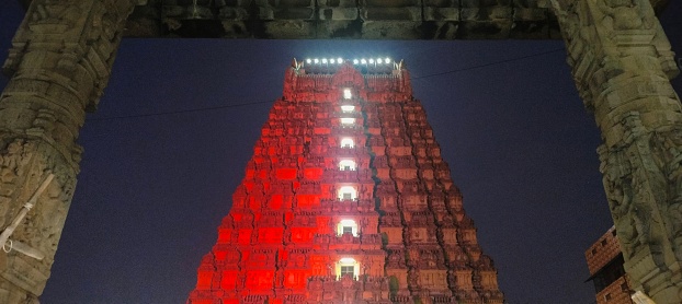 A low angle shot of illuminated Hindu Wondermondo shrines at night