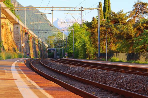 istock Empty railway tracks with amazing scenery in the background at sunset 1460450289